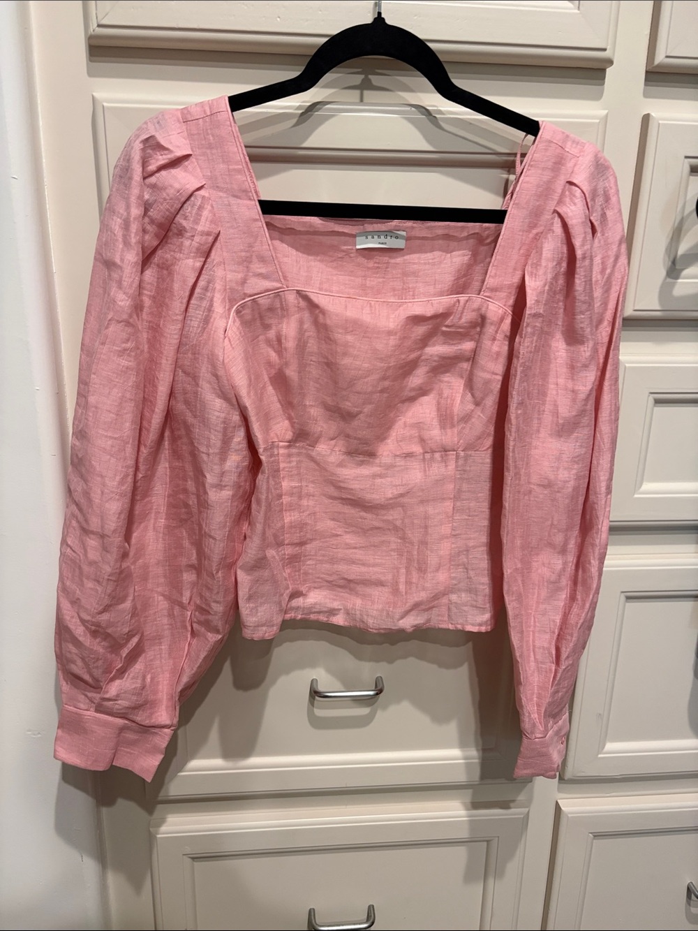 Sandro Pink Square-Neck Puff Sleeve Linen Blouse